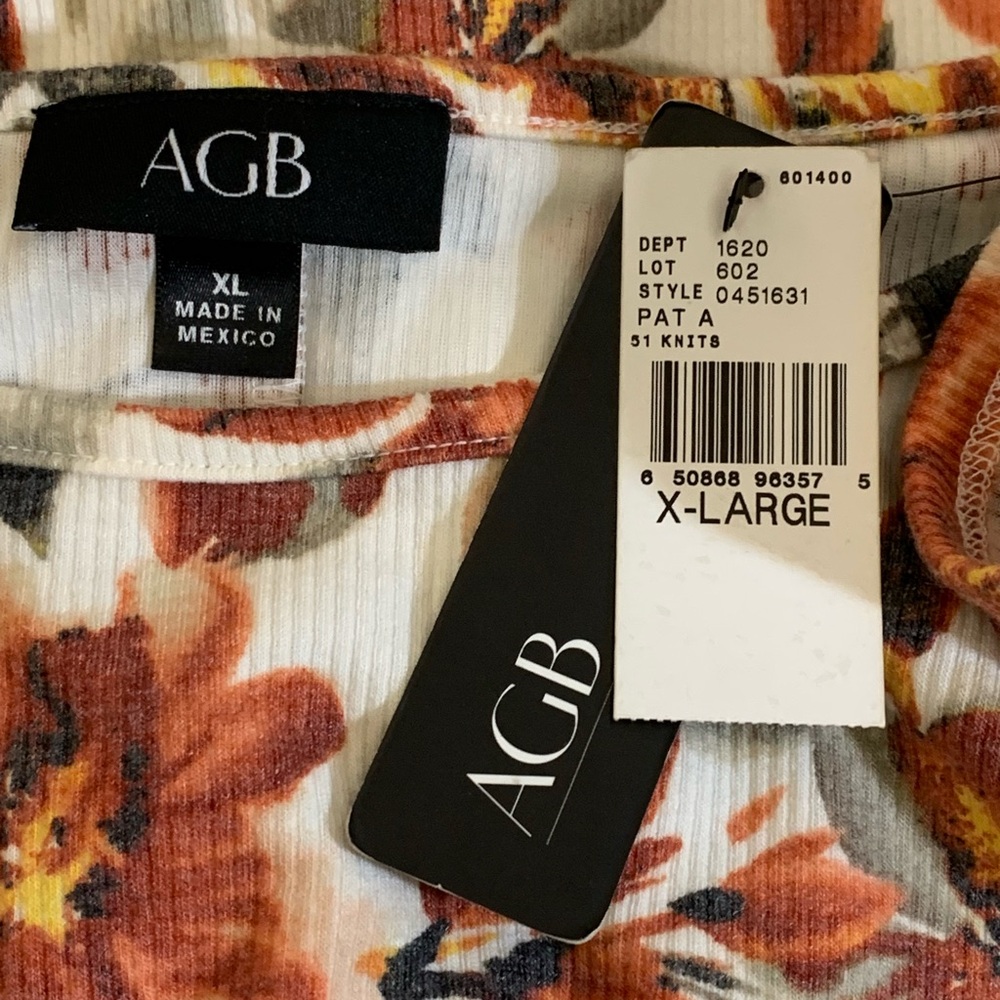 NWT, AGB, Fall Tunic Pullover Tan, Orange Floral‎ Top, Scalloped Front Bottom XL - Picture 4 of 5